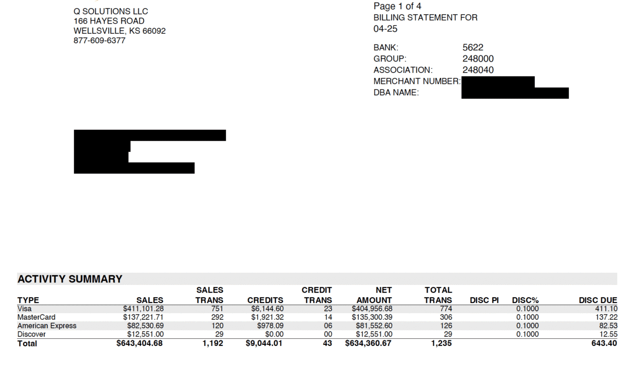 Billing statement for Q Solutions LLC showing monthly sales summary by payment type, total sales, and gross sales volume chart.